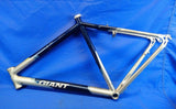 A Giant brand bicycle alloy frame for 28 inch wheels, featuring a blue and silver color scheme, with no visible brakes or components other than the frame.