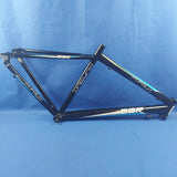 A black aluminum bicycle frame with blue accents on the down tube and head tube, labeled 'Diamondback'.
