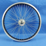 A 20-inch silver and black front bicycle BMX rim wheel with 48 spokes and a hub.