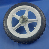 A 12-inch white plastic bicycle rear wheel with a black tire, suitable for children's bikes or go karts.