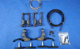 A set of bicycle v-brakes with levers, brake pads, fitting bolts, brake cable, and steel lead pipe with a rubber boot, primarily in gray color.