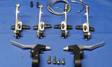 A set of LeeChi TX115 Bicycle V-Brake parts laid out on a blue surface, including brake levers, arms, pads, bolts, cables, and rubber noodles.
