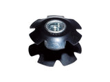 Black steel bicycle headset star nut with a visible threaded section and a hexagonal socket.