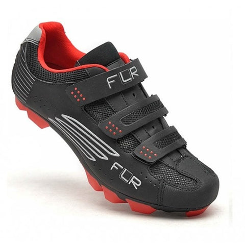 Black and red cycling shoe with 'FLR' branding on a white background