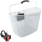 Mesh bike basket with a black handle and a black and red mounting bracket 