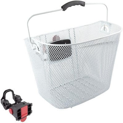Mesh bike basket with a black handle and a black and red mounting bracket 