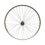 A rear bicycle rim wheel with a silver metallic finish, designed for a 26-inch wheel size.