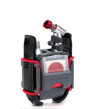 A JetValve Smart System CO2 Puncture Repair device with gray and red coloring, featuring two CO2 cartridges and an inflator head, secured with red silicone straps.
